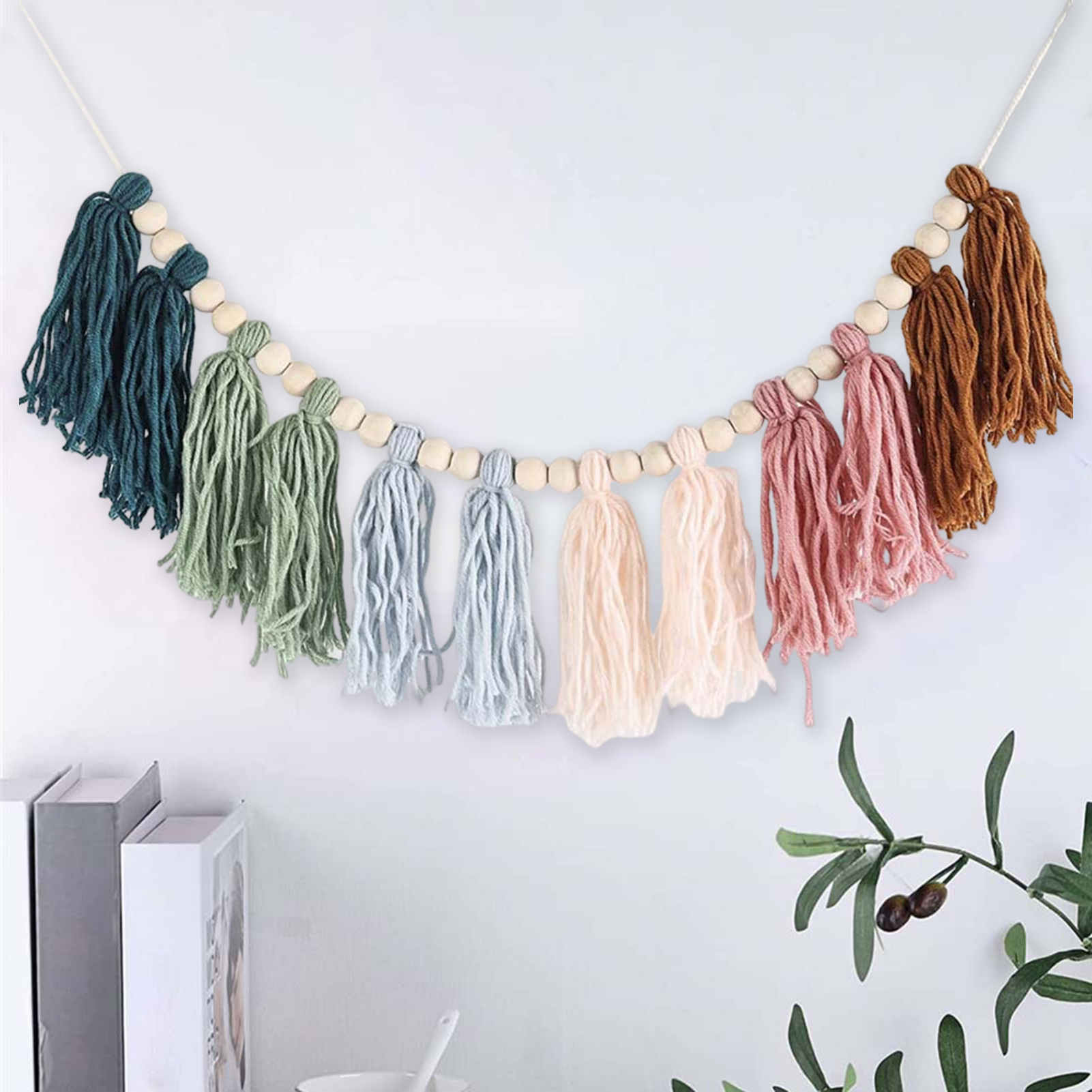 Taosunzt Wood Bead Garland with Rainbow Cotton Rope Tassel Handmade Boho Elegant Rustic Farmhouse Wall Hanging Wooden Bead Decoration Home Supplies Style A